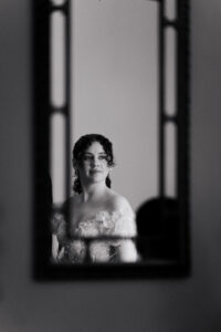 Black-and-white-portrait of bride at registry office