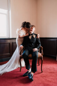 Candid moment between the bride and groom