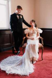 Portrait of bride and groom looking at each other