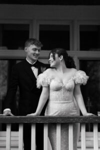 Black-and-white portrait of bride and groom at Newport Registry Office