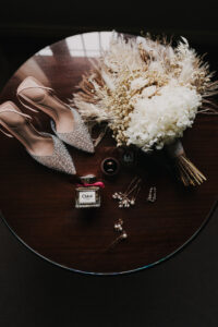 Flat lay of bride's wedding attire