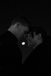 Black-and-white portrait of couple in Cardiff Bay