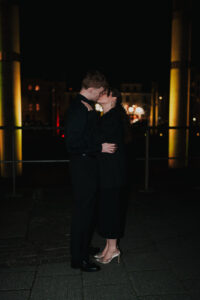 Direct flash portrait of bride and groom in Cardiff Bay