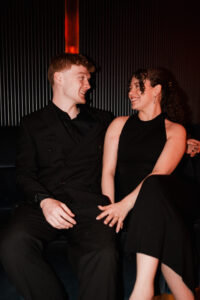 Direct flash shot of bride and groom in Everyman Cinema in Cardiff Bay
