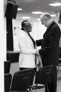 Wedding guests greeting each other in Jubilee Church Grantham
