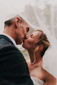 Bride and groom kissing under the veil