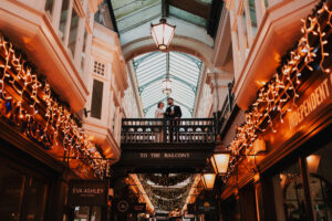 Bride and groom looking at each other, formal portrait