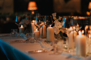 Detail shot of the centrepiece and table florals