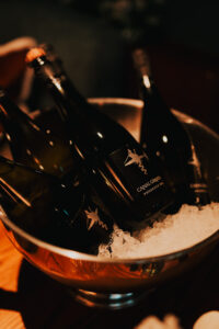 Close up of the wedding champagne bottles