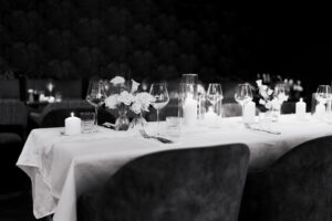 Wide photo of the wedding table decorations in Cardiff Townhouse