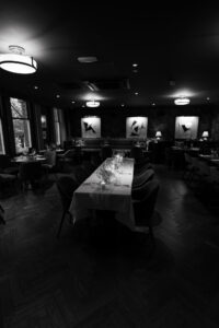 Black-and-white portrait of table setup in Cardiff Townhouse