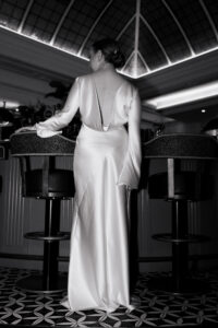 Back of bride's wedding dress in black-and-white