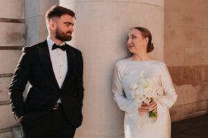 Wedding portrait of the bride and groom at golden hour in Cardiff
