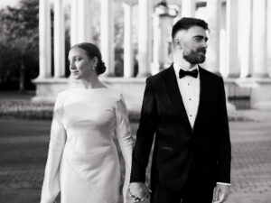 Wide portrait of bride and groom in Cardiff, black-and-white