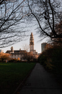 Cardiff City Hall clock tower at golden hour