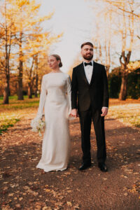 Portrait of bride and groom in Bute Park