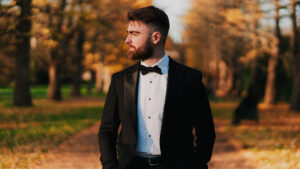 Wide portrait of groom in Cardiff