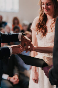 Groom placing wedding band on bride's hand